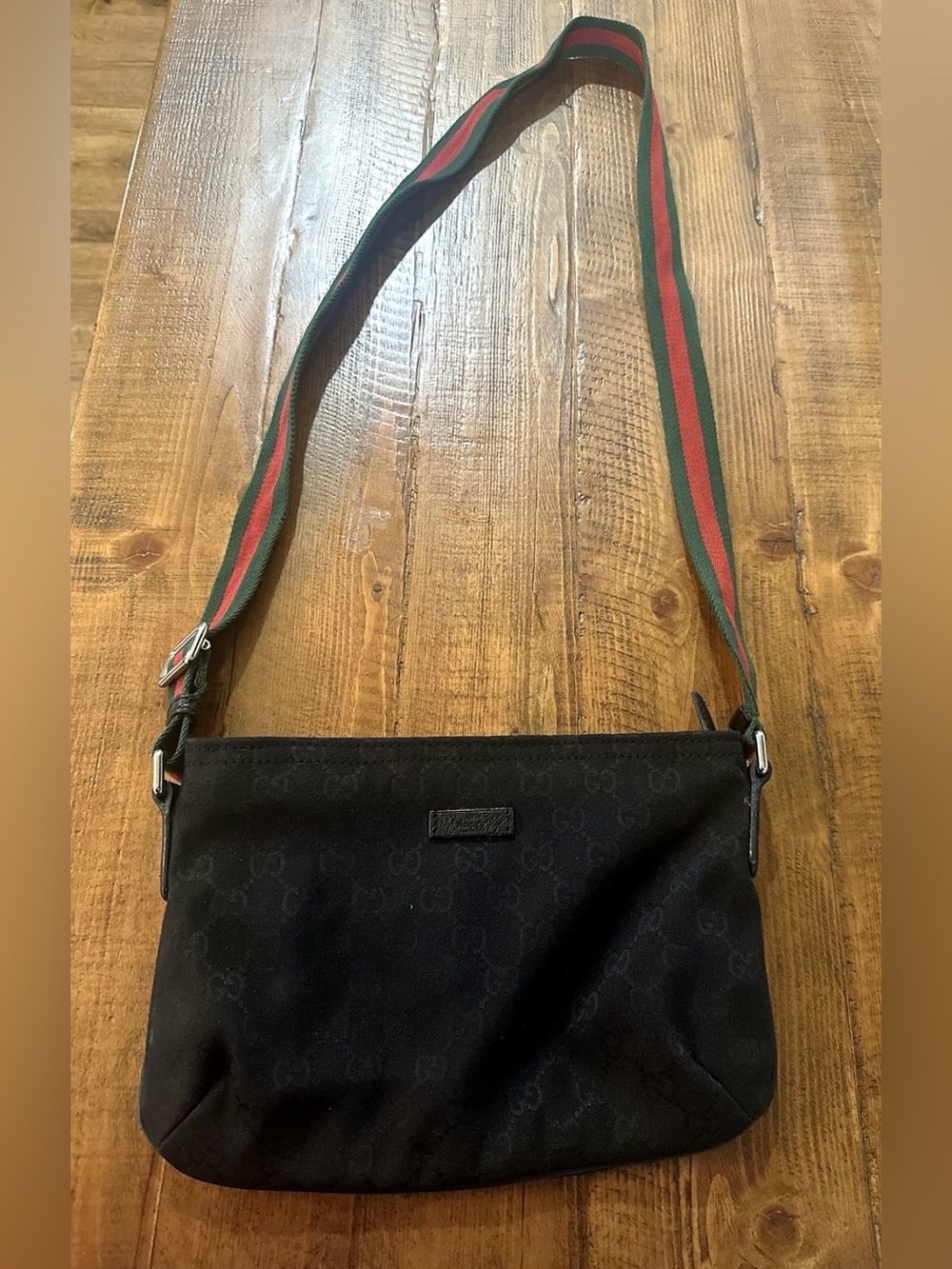 Gucci Black GG Canvas Messenger with Green-Red Web Strap